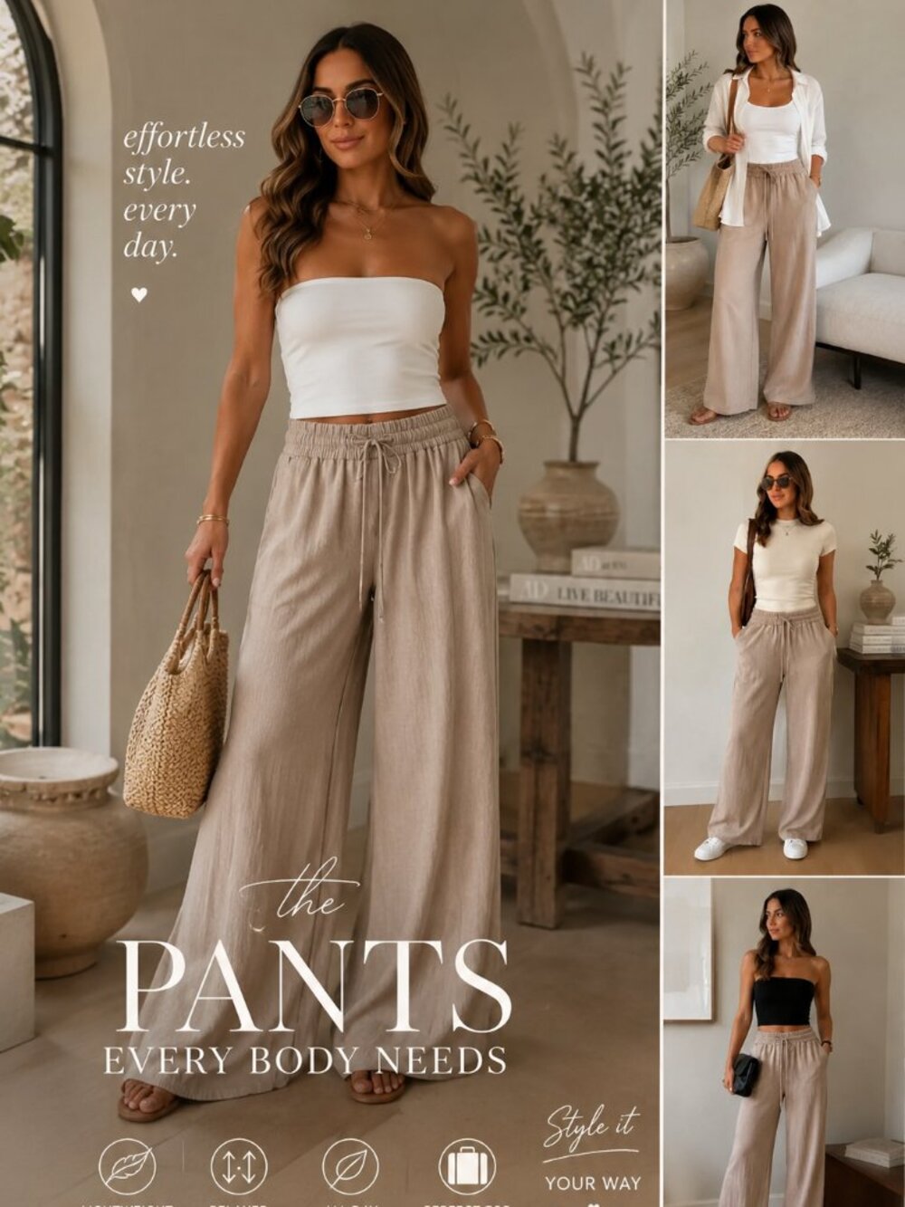 Zenana Neutral Wide Leg Palazzo Pants Effortless Trousers Elevated Glam NEW 
SML